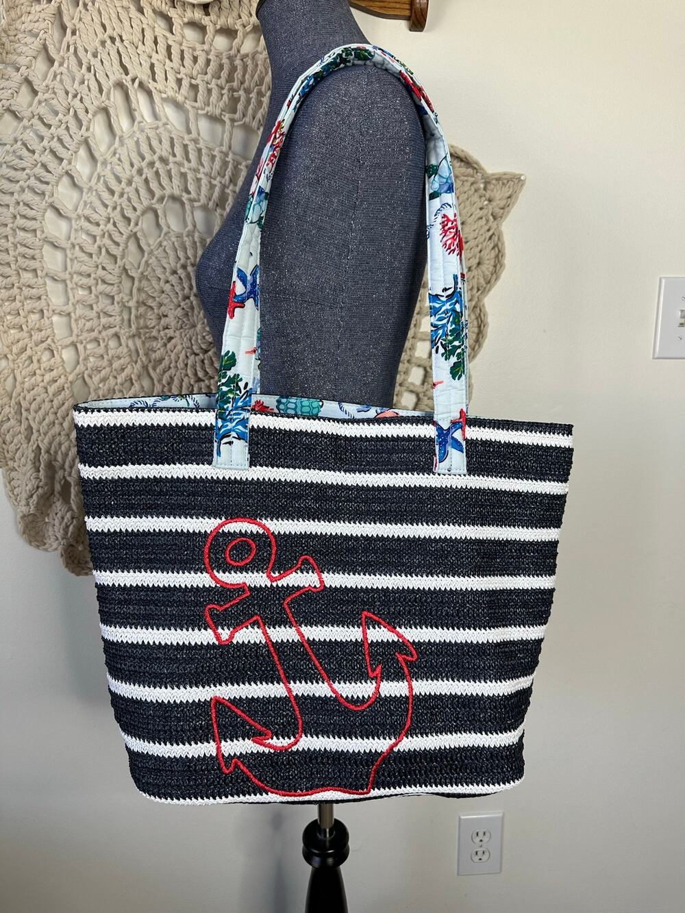 Vera Bradley Anchors Away Straw Beach Tote With Matching Beach Towel